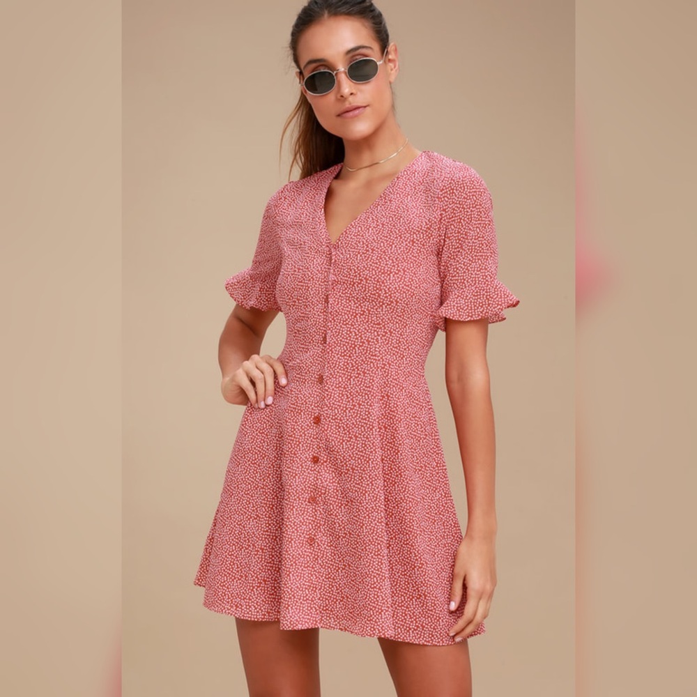 Lulus Castana Rust Red Print Button-Up Dress